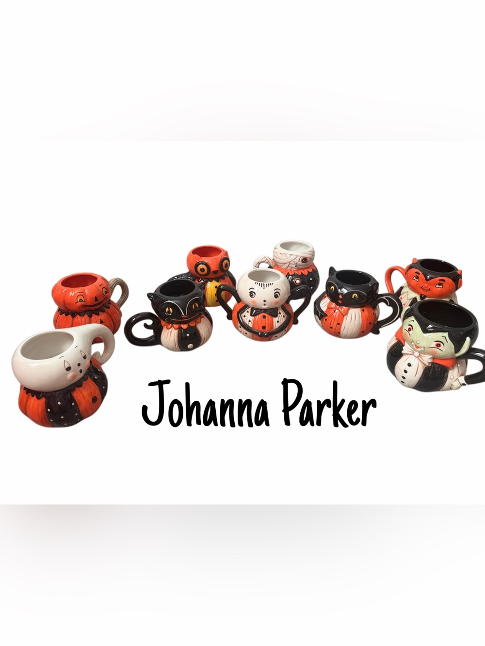 Johanna Parker Halloween Ceramic Mug Bundle in Orange, Black and White 9 mugs